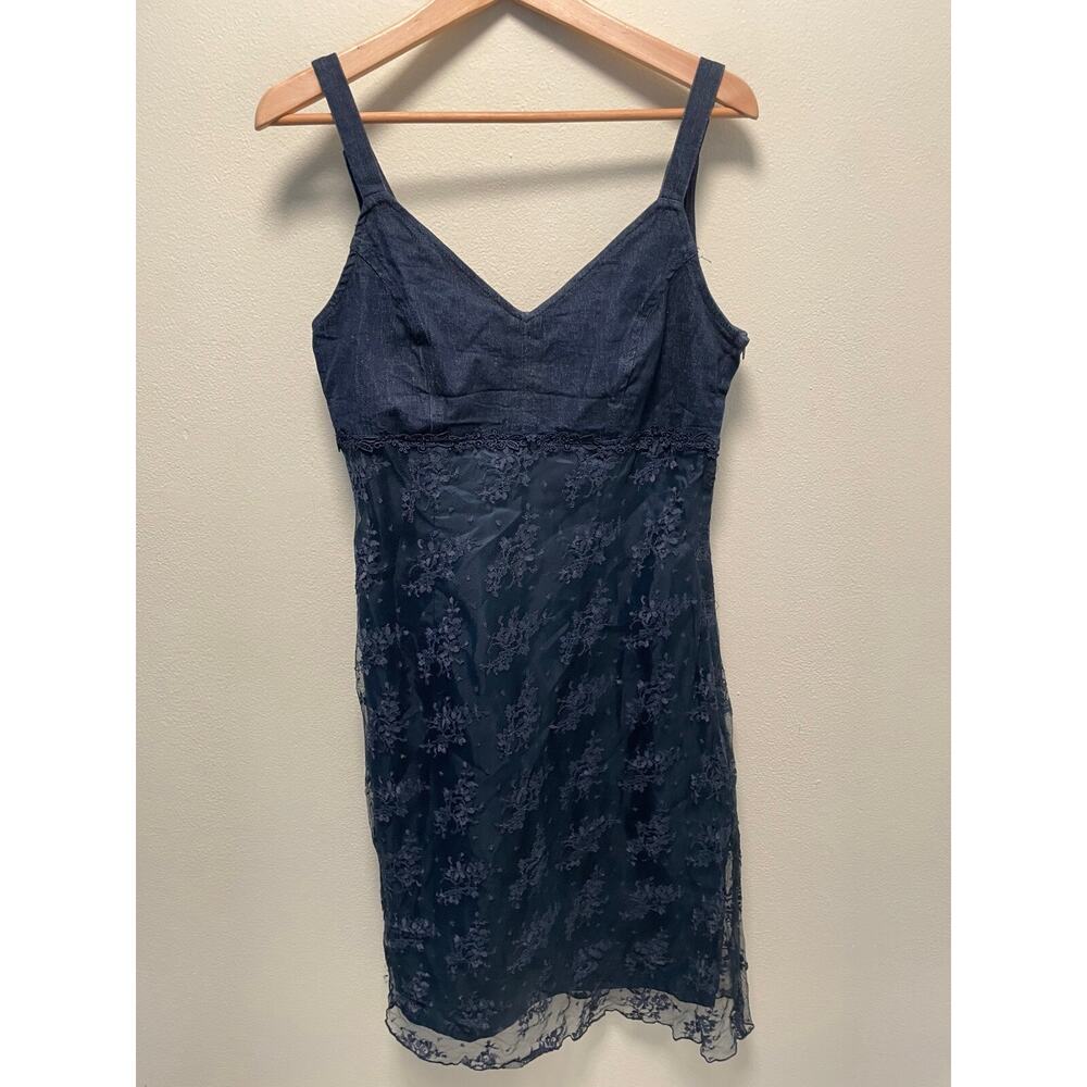 AGB Womens Dress 12 Denim Floral Lace Trim Babydoll Strappy Fairy Whimsigoth Y2K